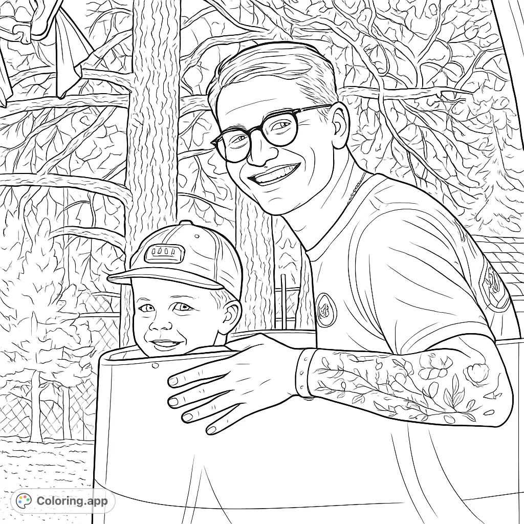 Capture the joy of an adult and child smiling in a park setting, featuring intricate details and a delightful outdoor background. A heartwarming scene!