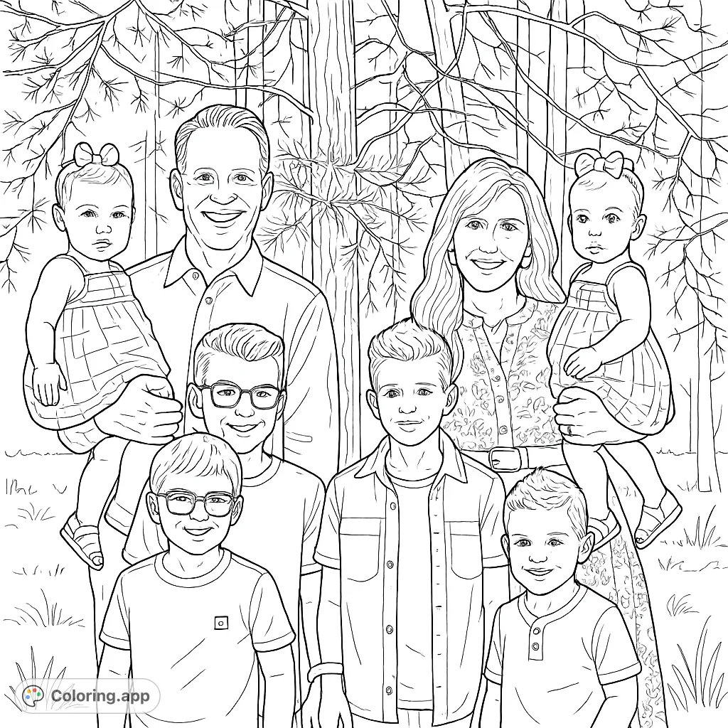 A heartwarming family portrait in a forest setting, featuring two adults and five children smiling. Perfect for celebrating family bonds and nature.