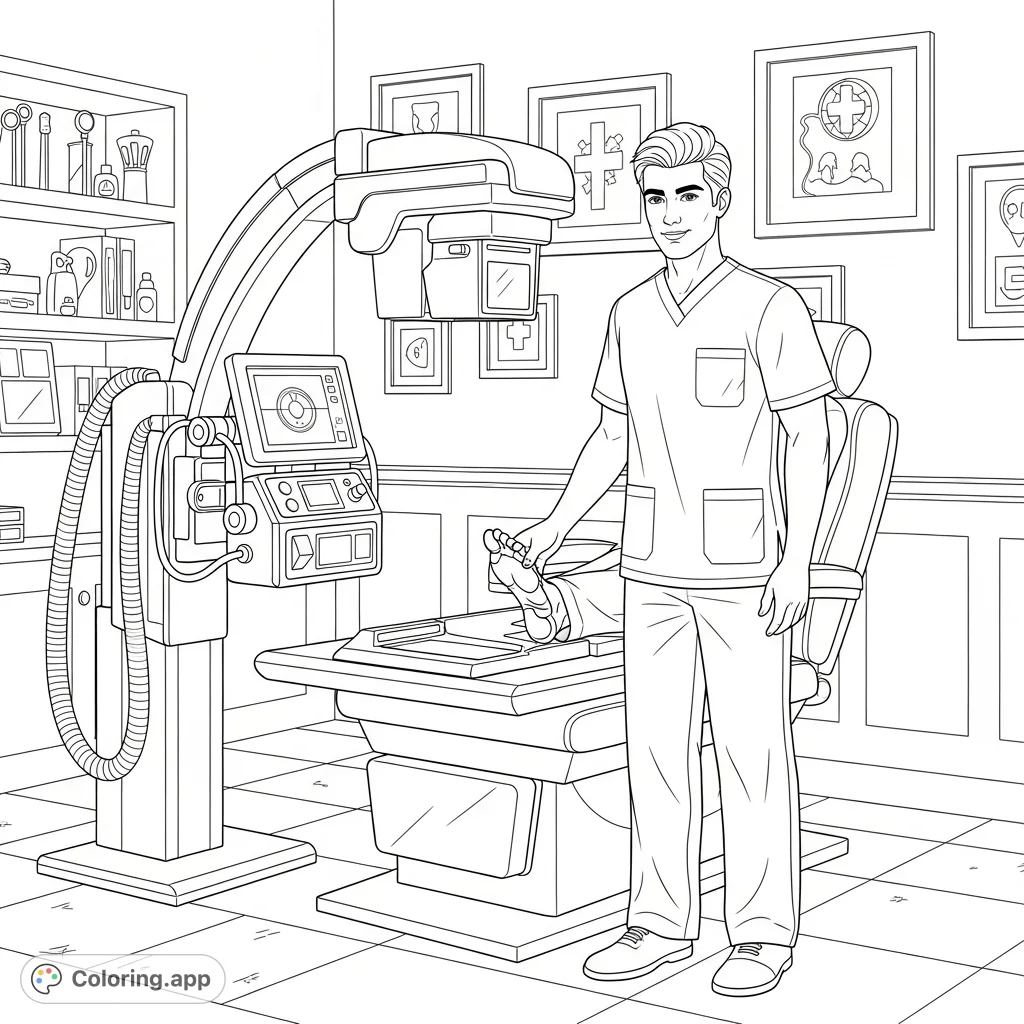 Explore a detailed podiatry office with a handsome doctor in scrubs performing a foot X-ray for a patient. A medical scene for learning and creative coloring.