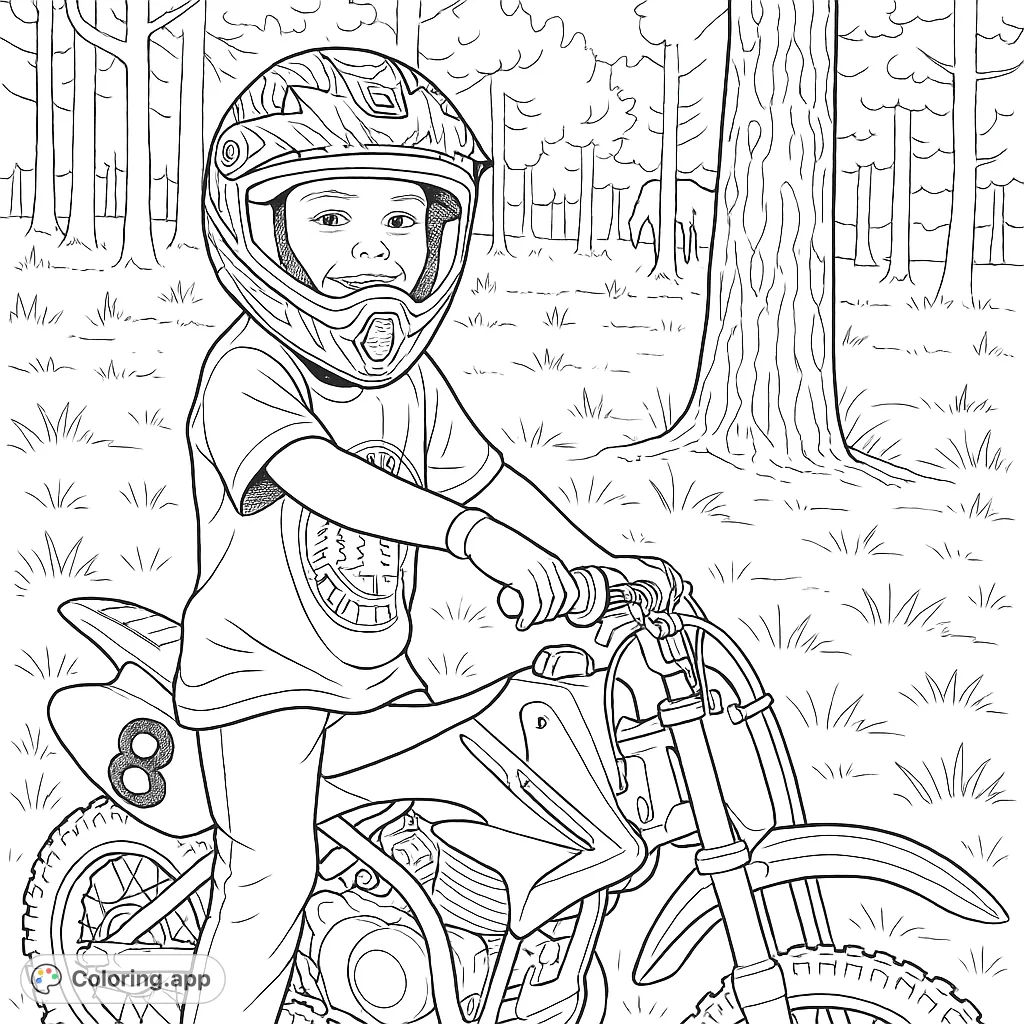 A joyful young rider poses on a dirt bike in a wooded setting, helmet adorned with cool designs. Perfect for adventurous kids to color and personalize.