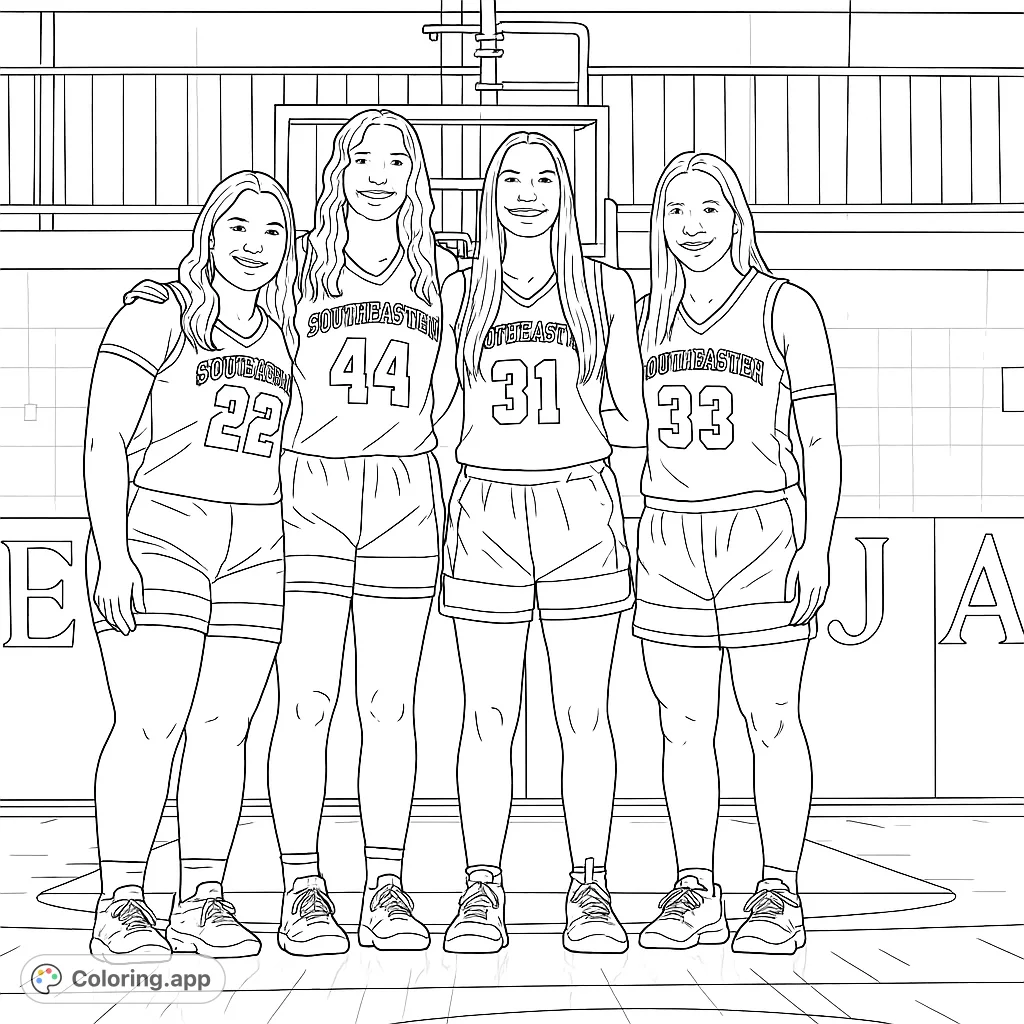 Four smiling female basketball players pose in their uniforms on the court, ready for action. Perfect for sports fans to color and celebrate teamwork.