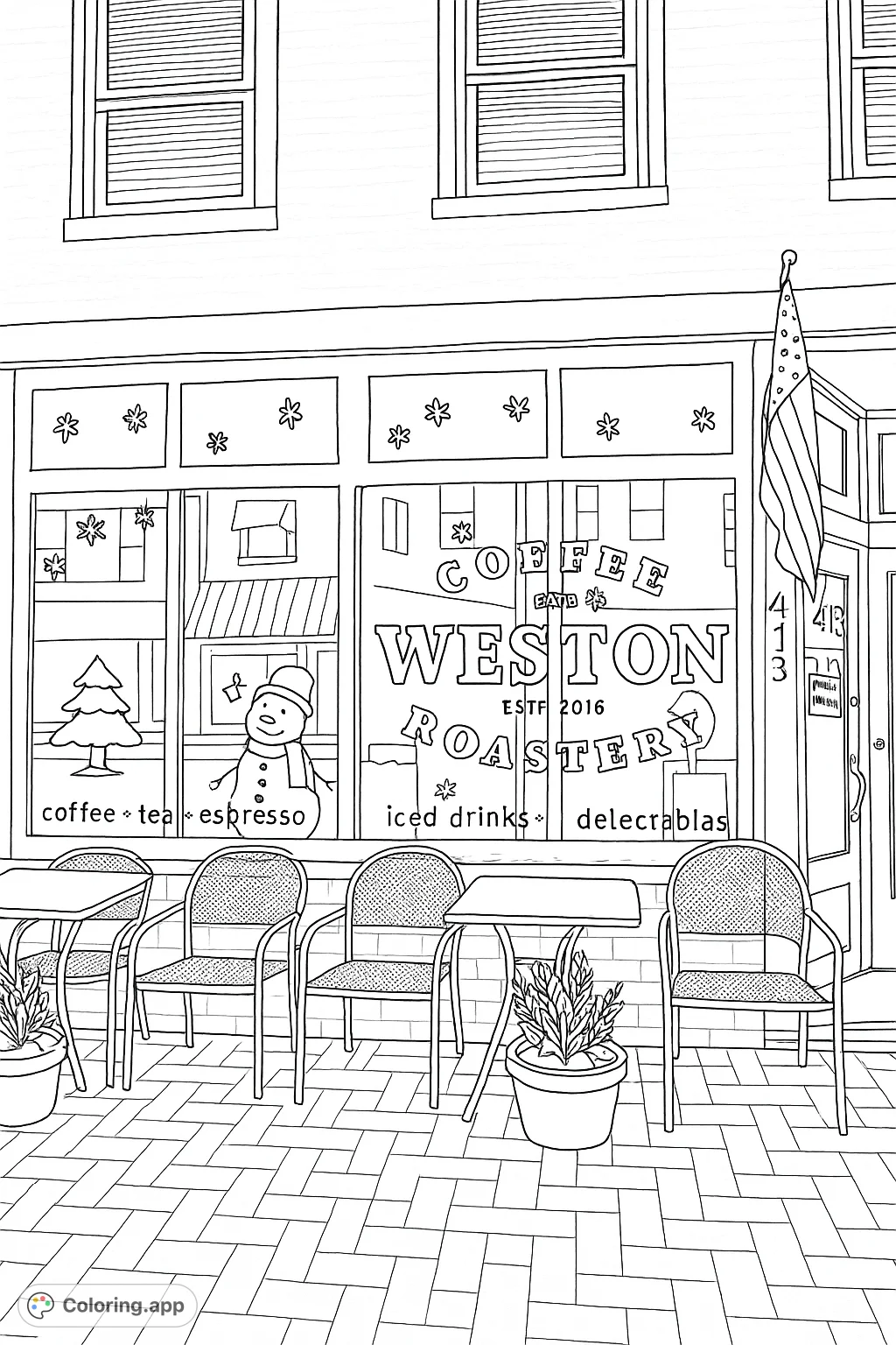 A charming coffee roastery storefront adorned with winter and holiday decorations. Features snowmen, festive plants, and outdoor seating on a brick sidewalk.