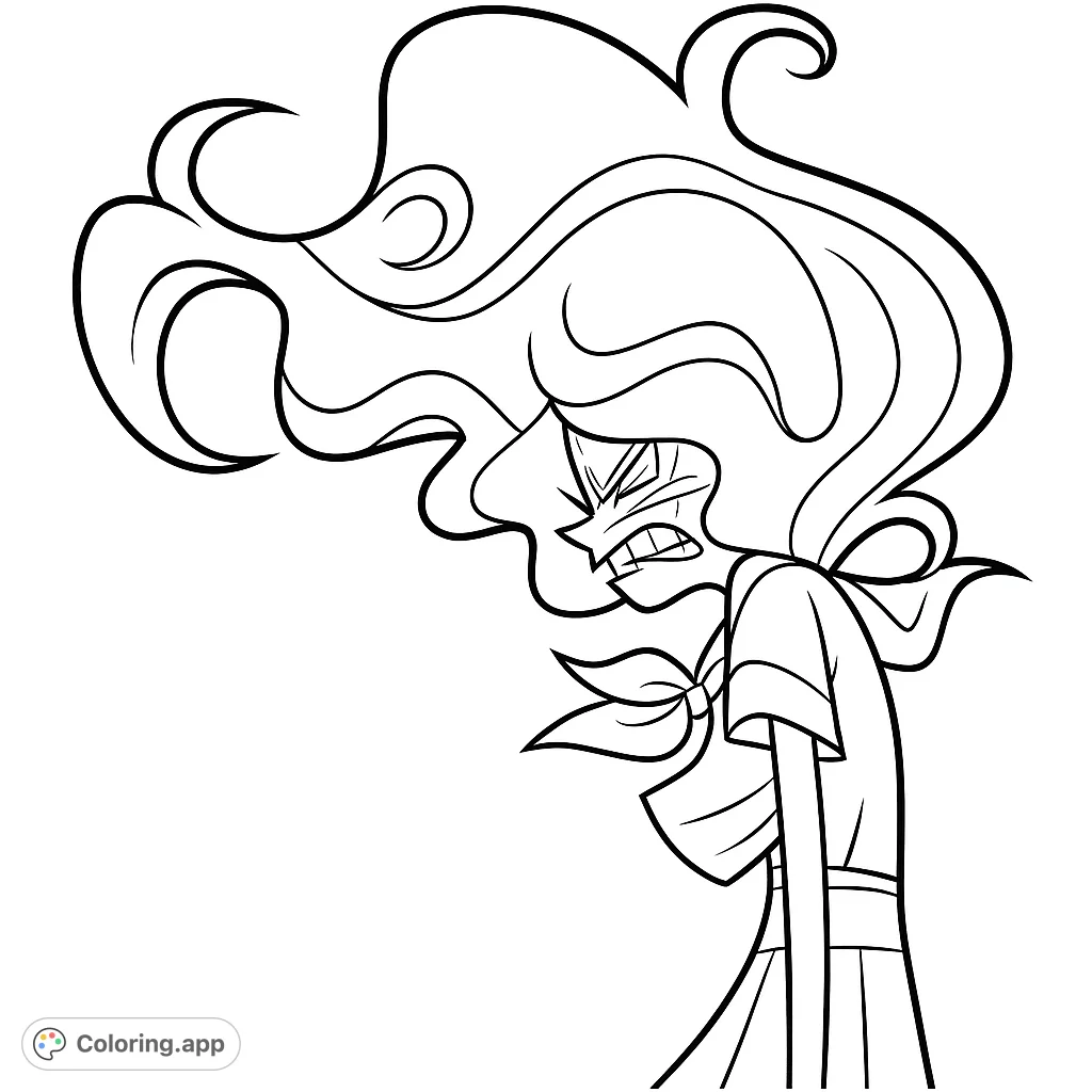Capture a powerful emotion with this cartoon character coloring page. Features an expressive face, flowing hair, and unique attire.
