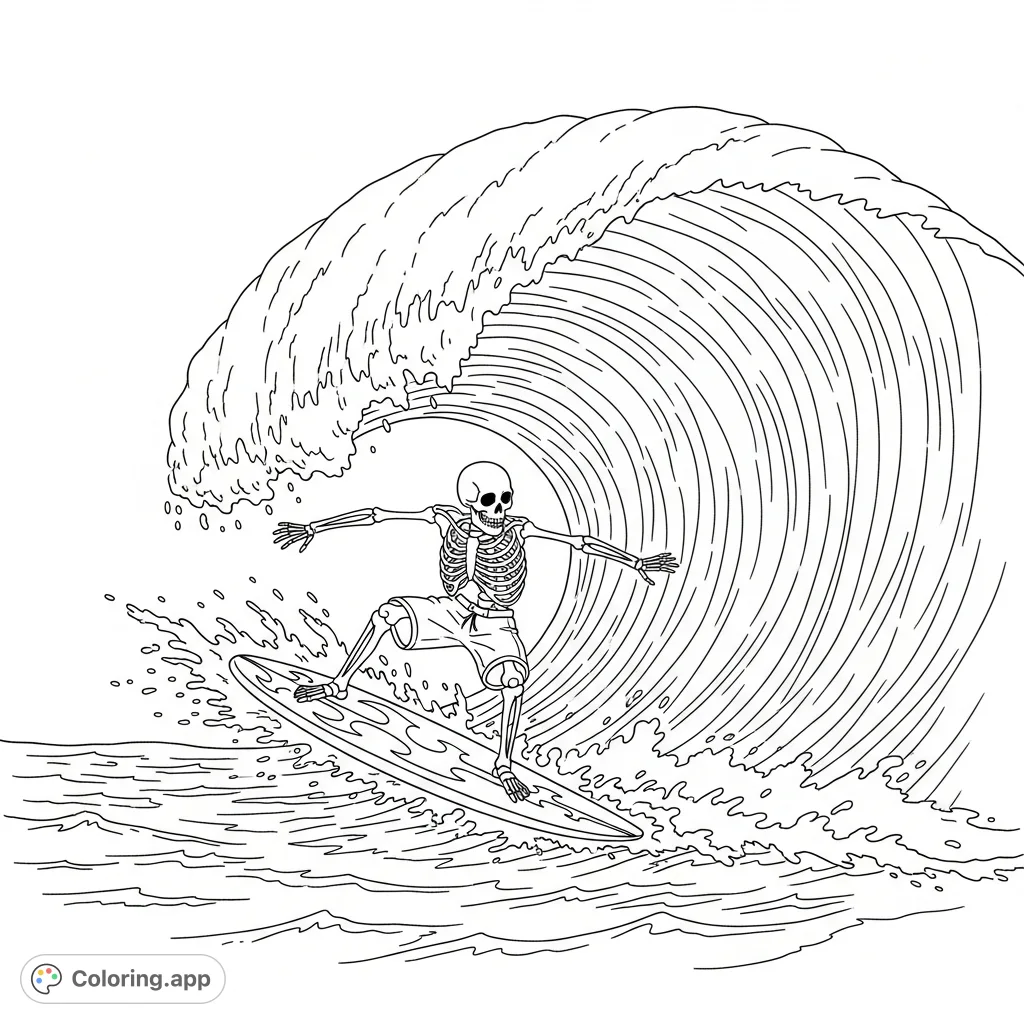 Catch a gnarly barrel wave with this cool skeleton surfer coloring page! Performing radical tricks on a flameboard, this dynamic scene promises thrilling coloring fun.