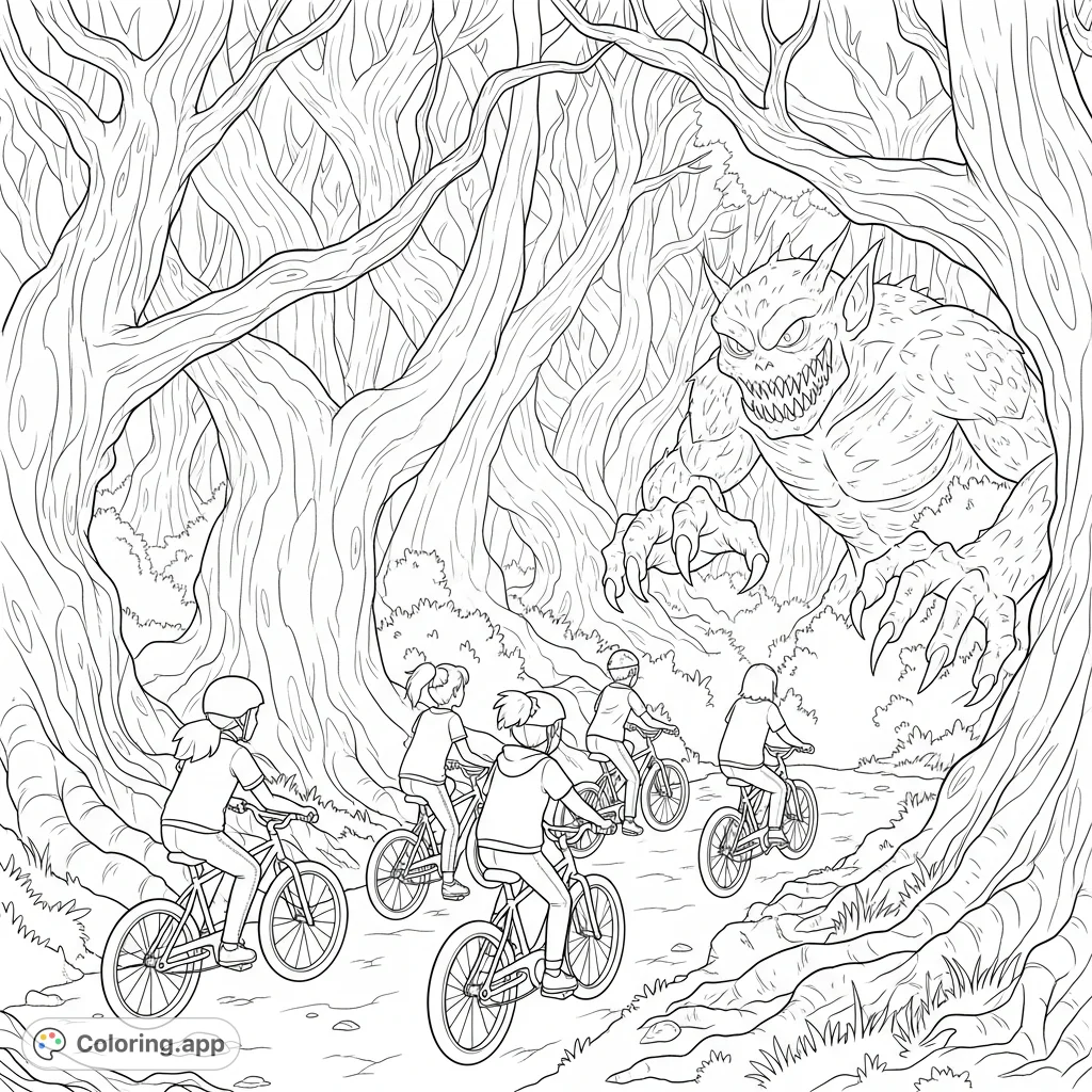A bike gang confronts a menacing monster in a creepy, dense forest. Perfect for Stranger Things fans seeking a thrilling, realistic coloring page experience.