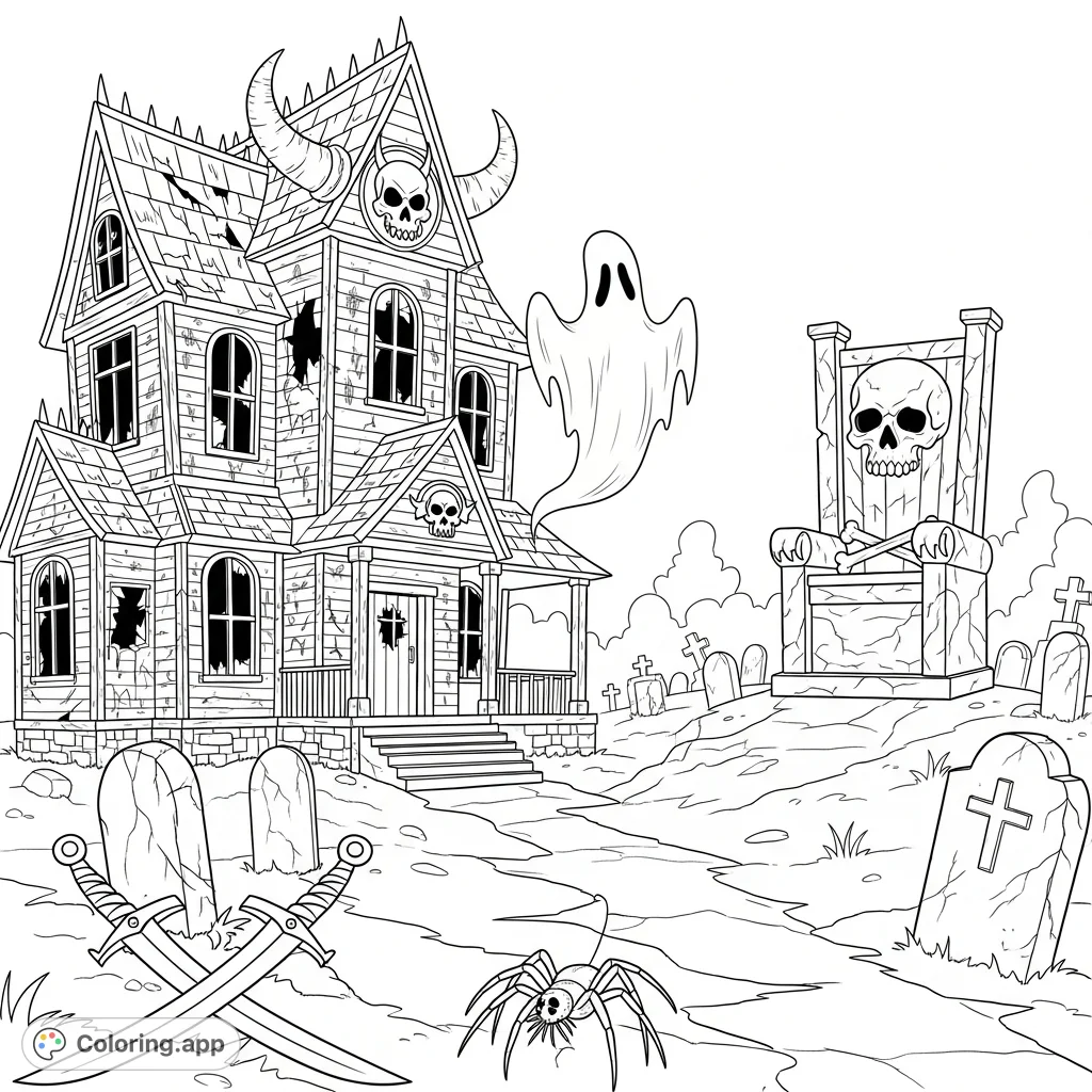 An intricate haunted house scene featuring an abandoned mansion, a ghostly figure, skull-adorned swords, and a desolate graveyard with a skull on a throne.