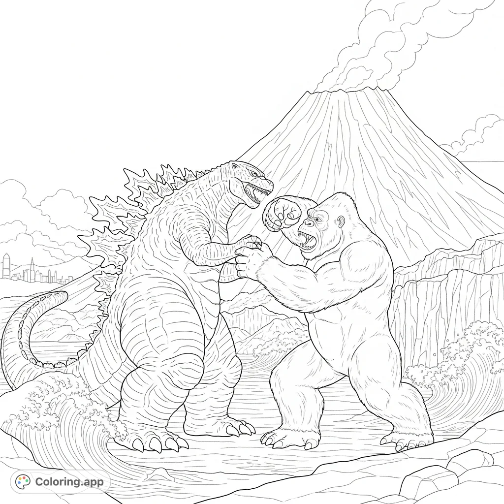 Experience an epic kaiju battle between Godzilla and King Kong near a towering Japanese volcano and crashing ocean waves. A dynamic monster coloring page!