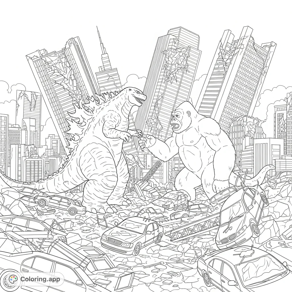 Experience the ultimate kaiju battle in a devastated Japanese city. Godzilla and King Kong clash amidst widespread destruction, debris, and crashed cars.