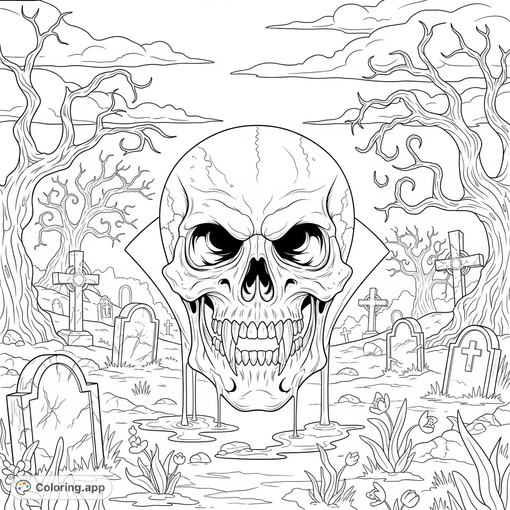A chilling vampire skull in a desolate graveyard, surrounded by creepy trees and mysterious traces of a viscous substance. Perfect for horror and gothic themes.