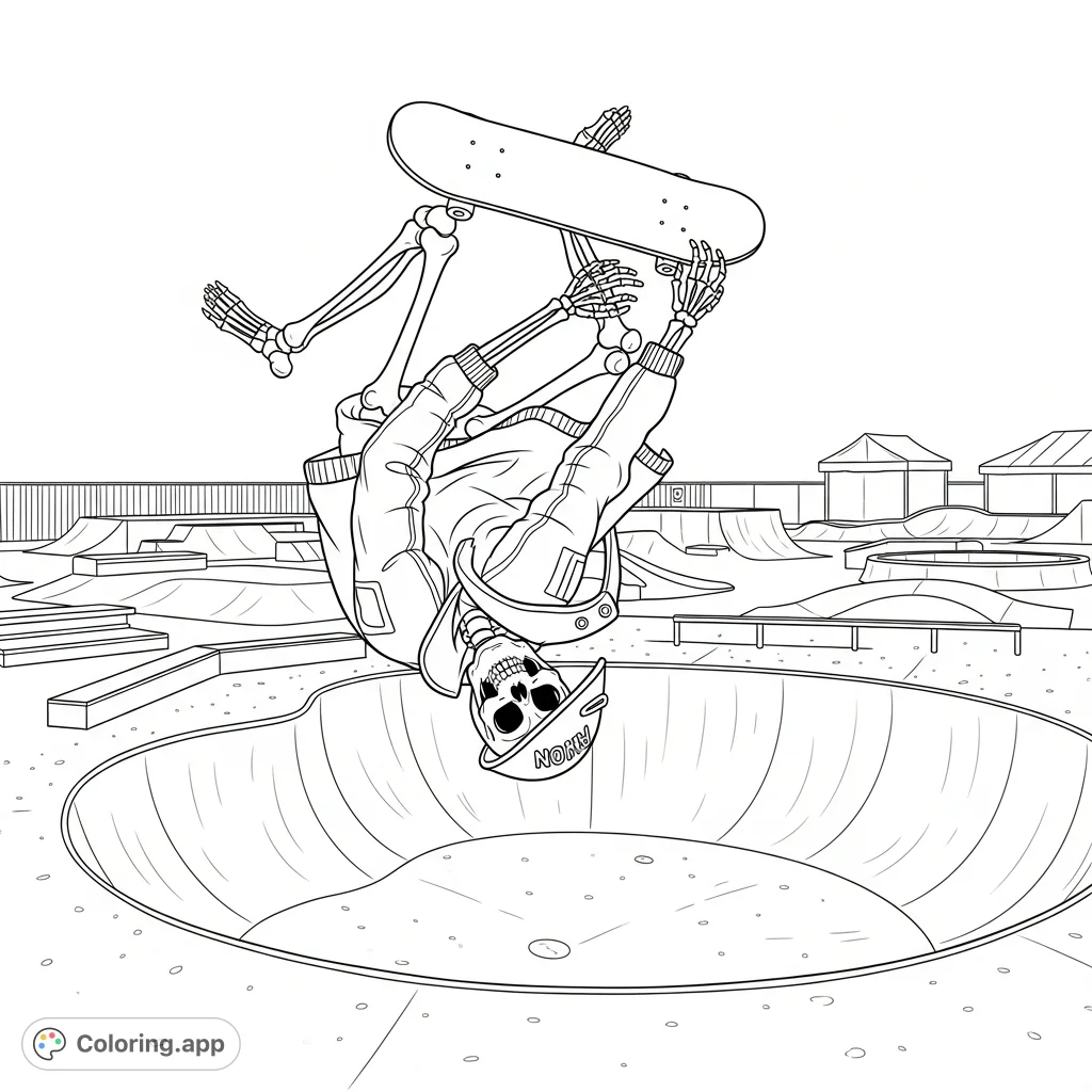 A cool skeleton performs an epic midair backflip in a half-pipe at a vibrant skate park. Perfect for those who love action and unique characters.