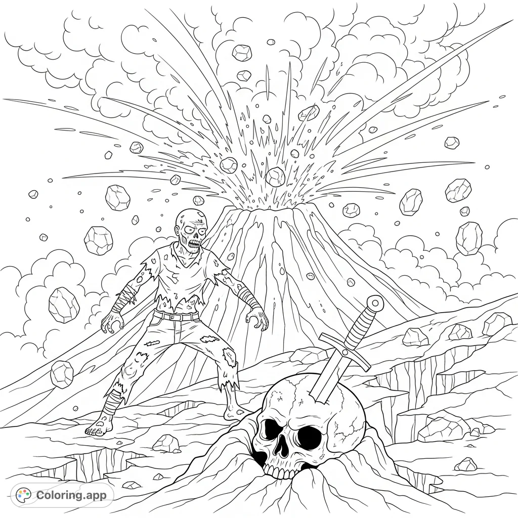 A zombie fights amidst the eruption of an exploding volcano, with a sword-pierced skull in the foreground. A dramatic and intense scene for coloring.