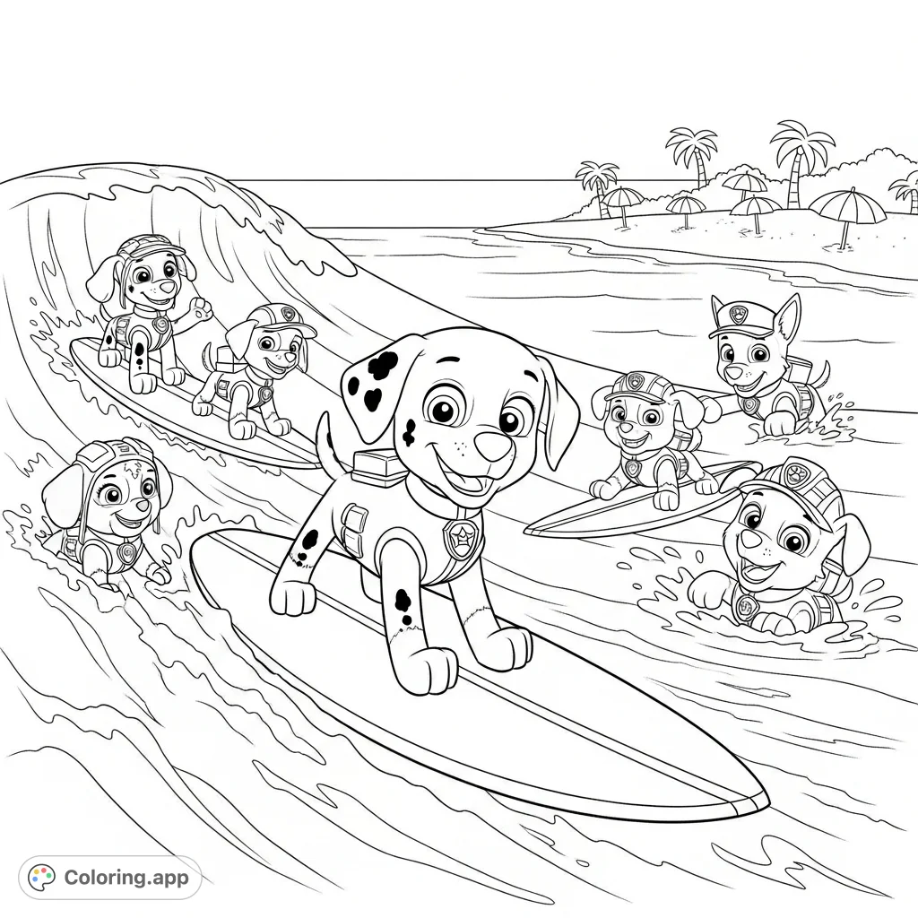 Join Zuma and his PAW PATROL friends for a fun-filled day of surfing and playing in the waves. A lively, free printable coloring page for kids.