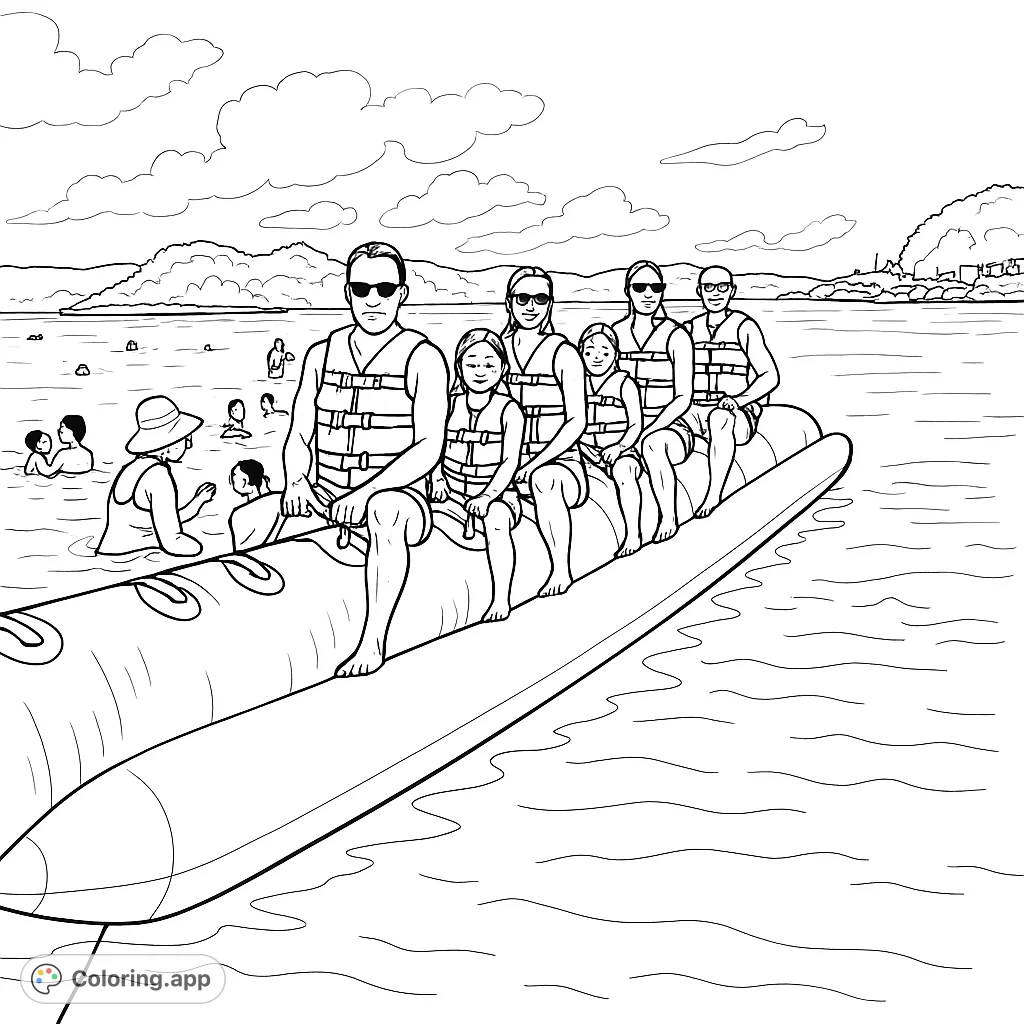 Embark on a joyful water adventure! This banana boat coloring page features a group enjoying a ride, perfect for capturing fun and excitement on the waves.