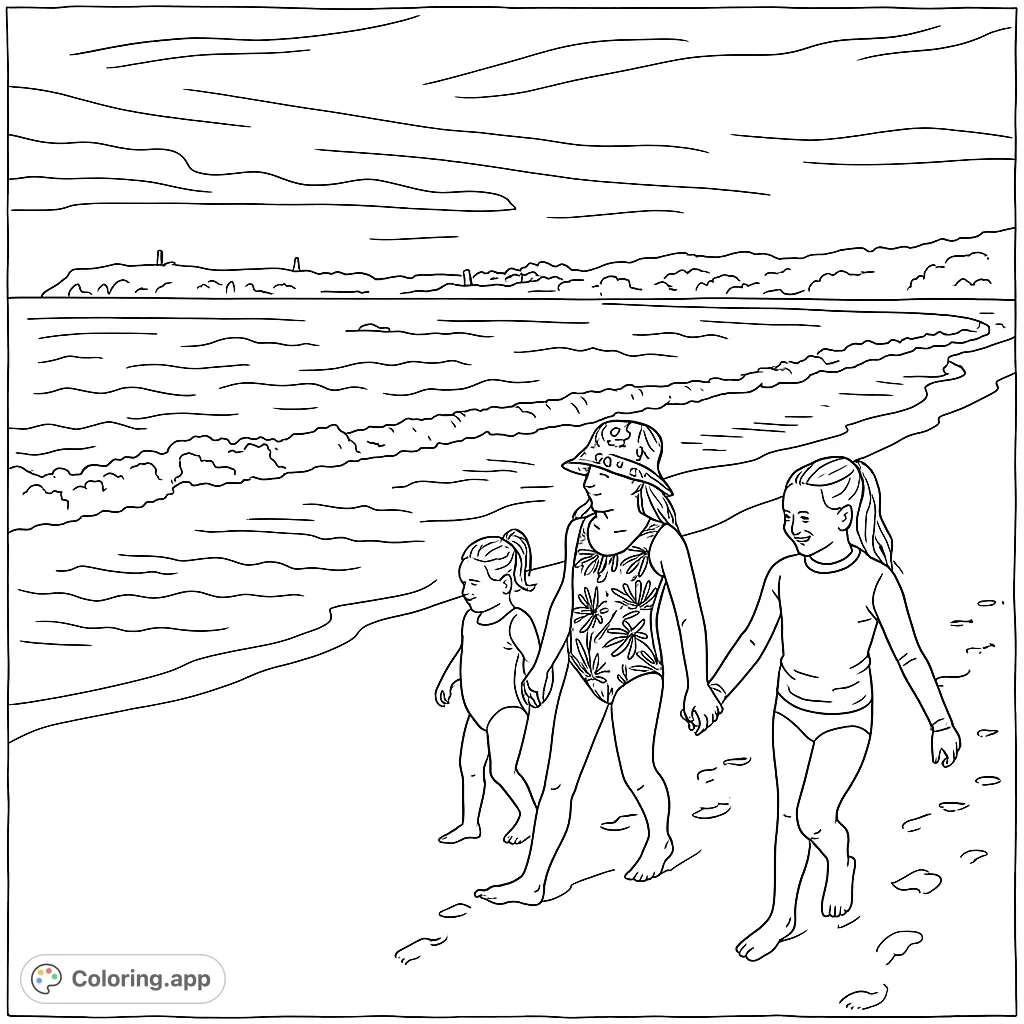 Three girls stroll hand-in-hand on a scenic beach with gentle waves and distant hills, perfect for a relaxing coloring escape.