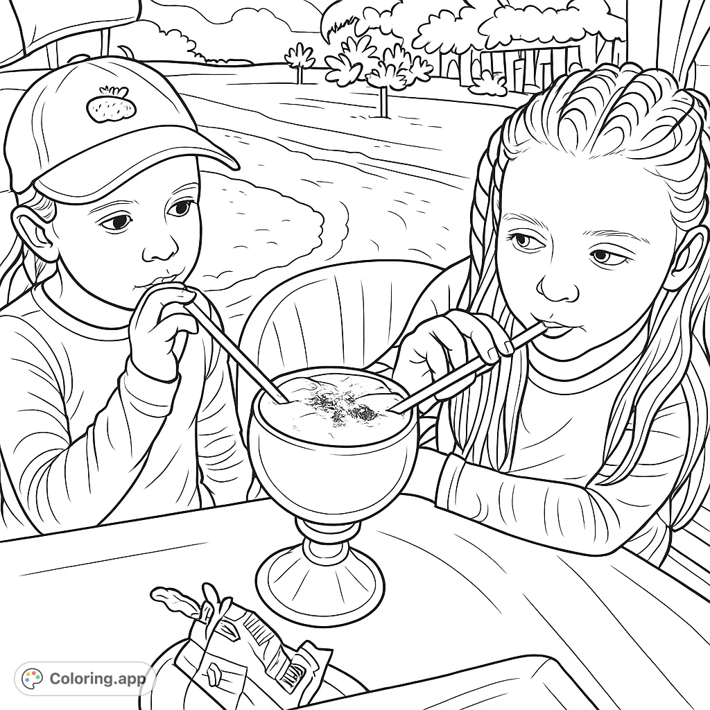 Two cheerful children share a refreshing smoothie at a sunny beachside table. A delightful scene for kids to color and enjoy.