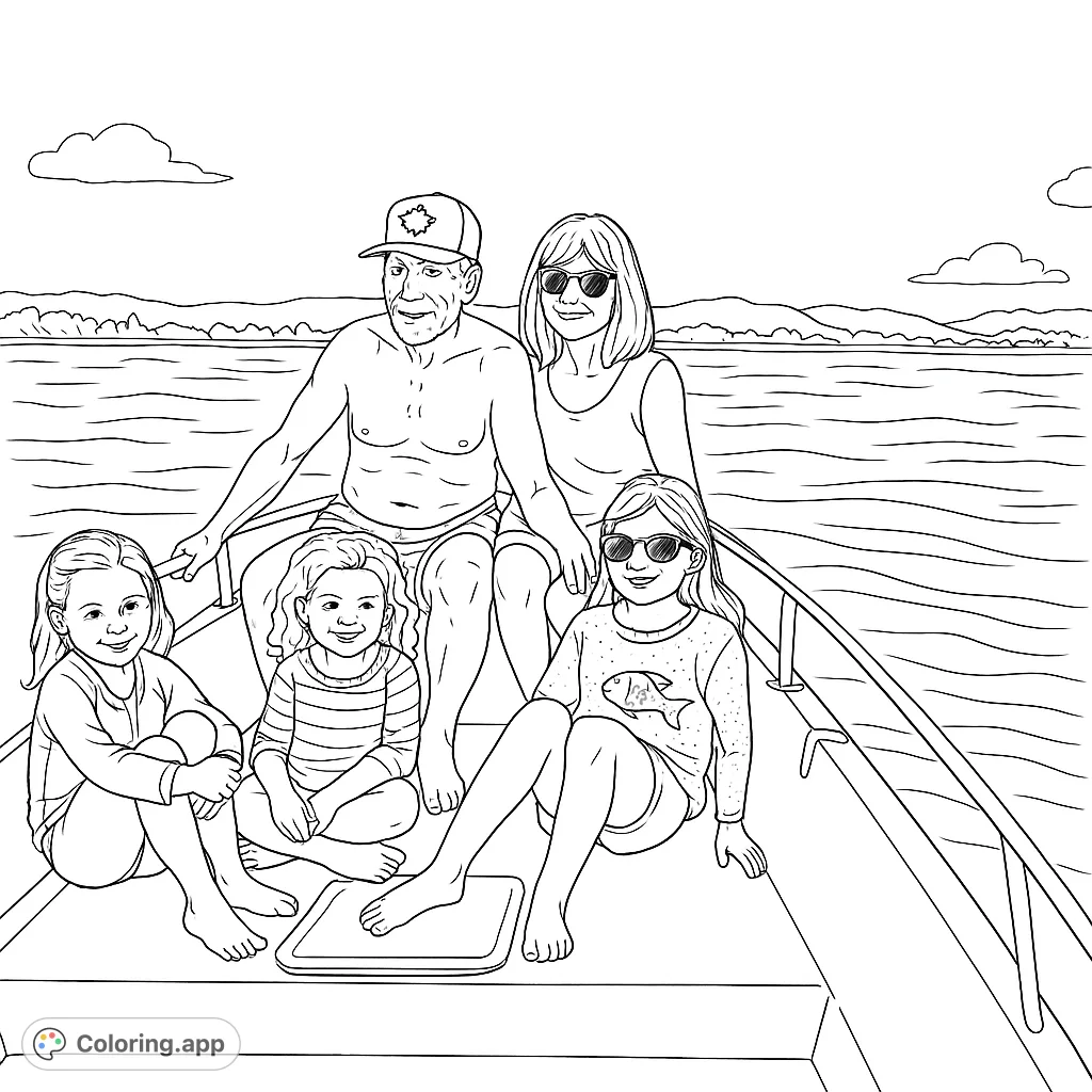 A delightful family boat ride featuring two adults and three children. Enjoy coloring the serene water, distant coastline, and cheerful expressions.