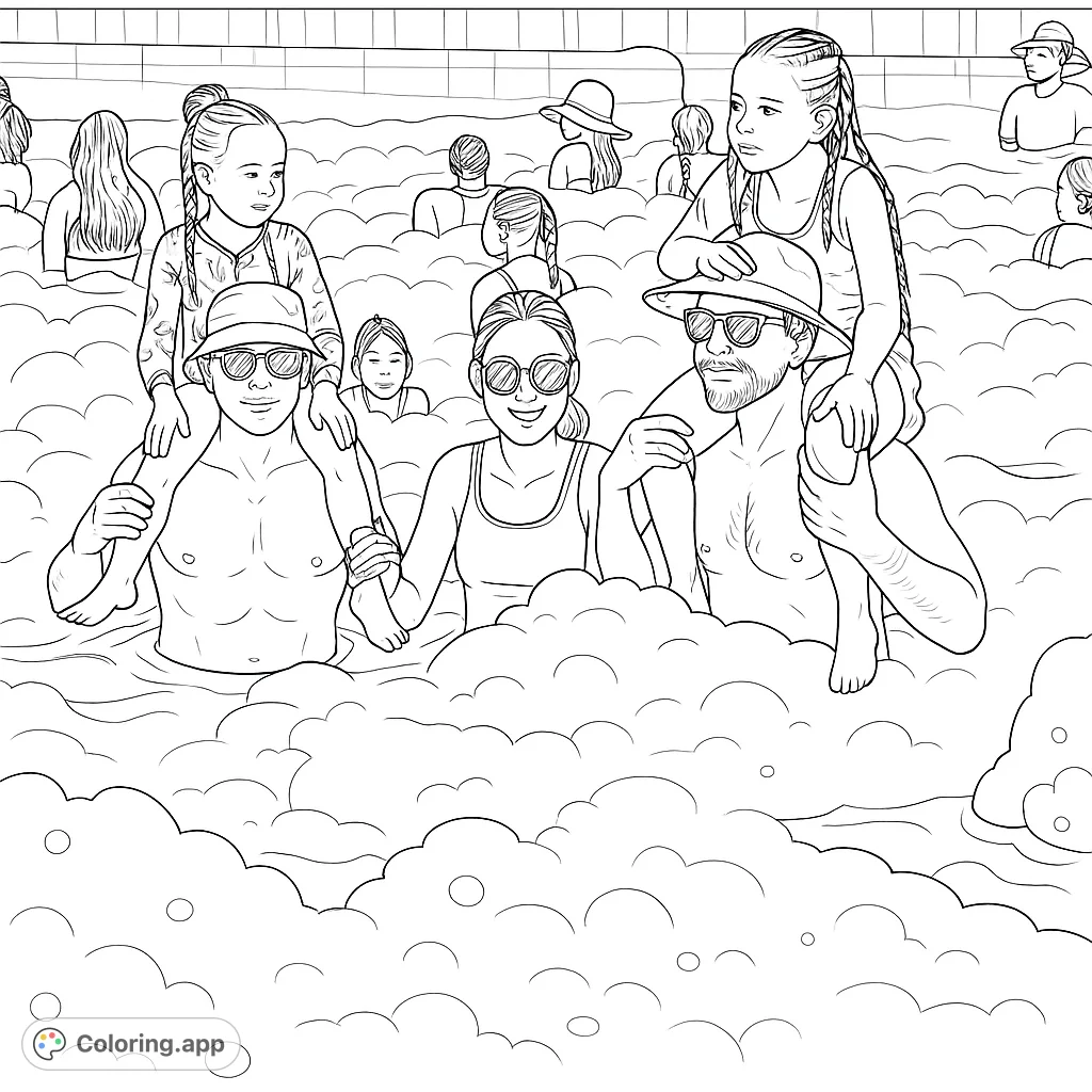 Dive into a joyful foam pool party! This coloring page features families having fun, with kids riding on adult shoulders amidst a sea of playful bubbles.