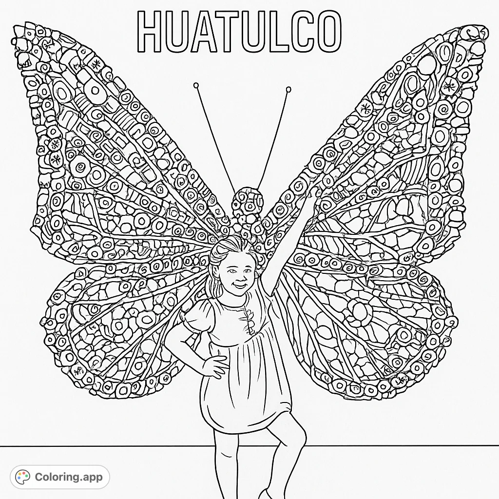 Explore a unique recycled butterfly sculpture with a child, perfect for creative coloring. Detail the intricate textures and bring this inspiring scene to life.