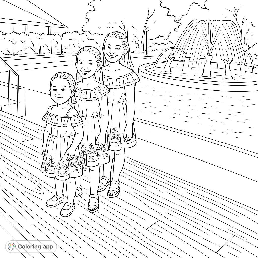 Three cheerful girls in patterned dresses stand by a whimsical fountain, ready for creative coloring fun. A delightful scene for young artists.