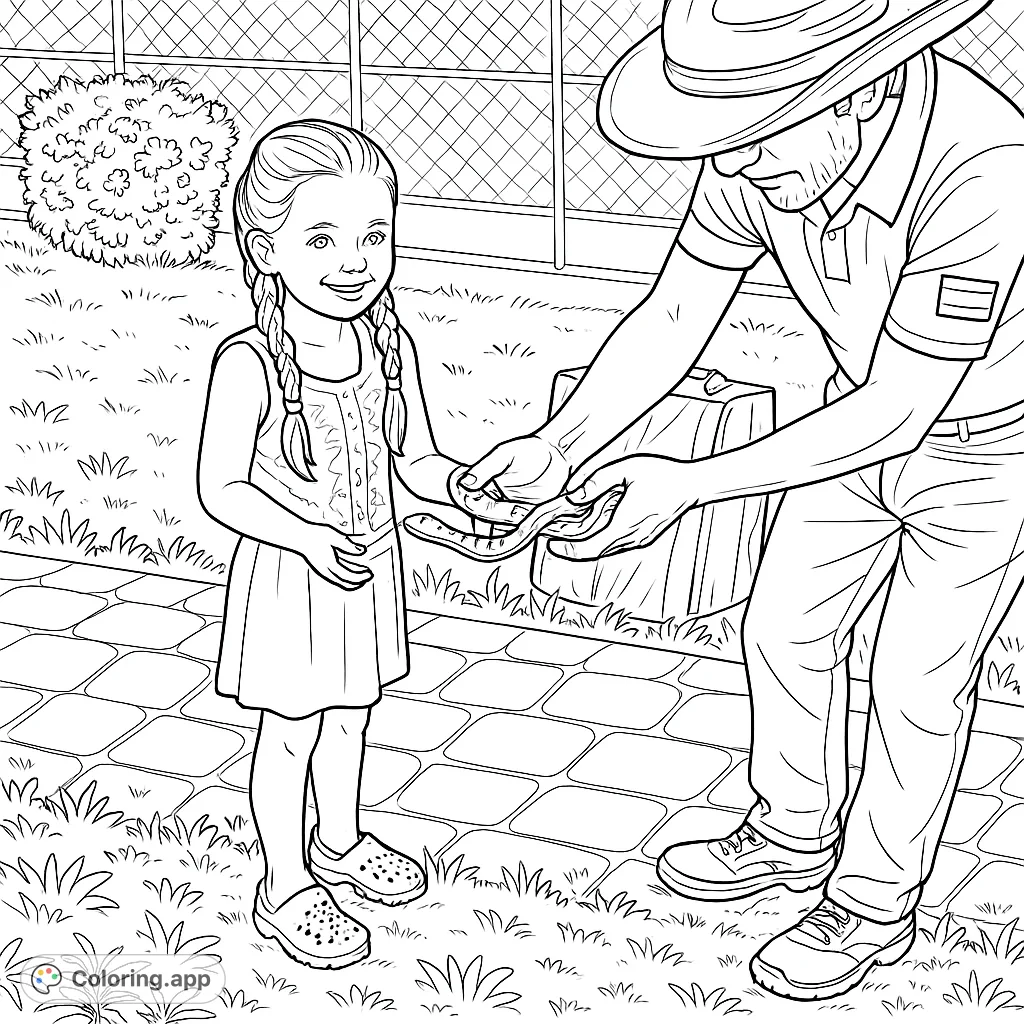 A brave young girl smiles, holding a snake with an adult's help. A unique animal encounter perfect for a fun and engaging coloring adventure.