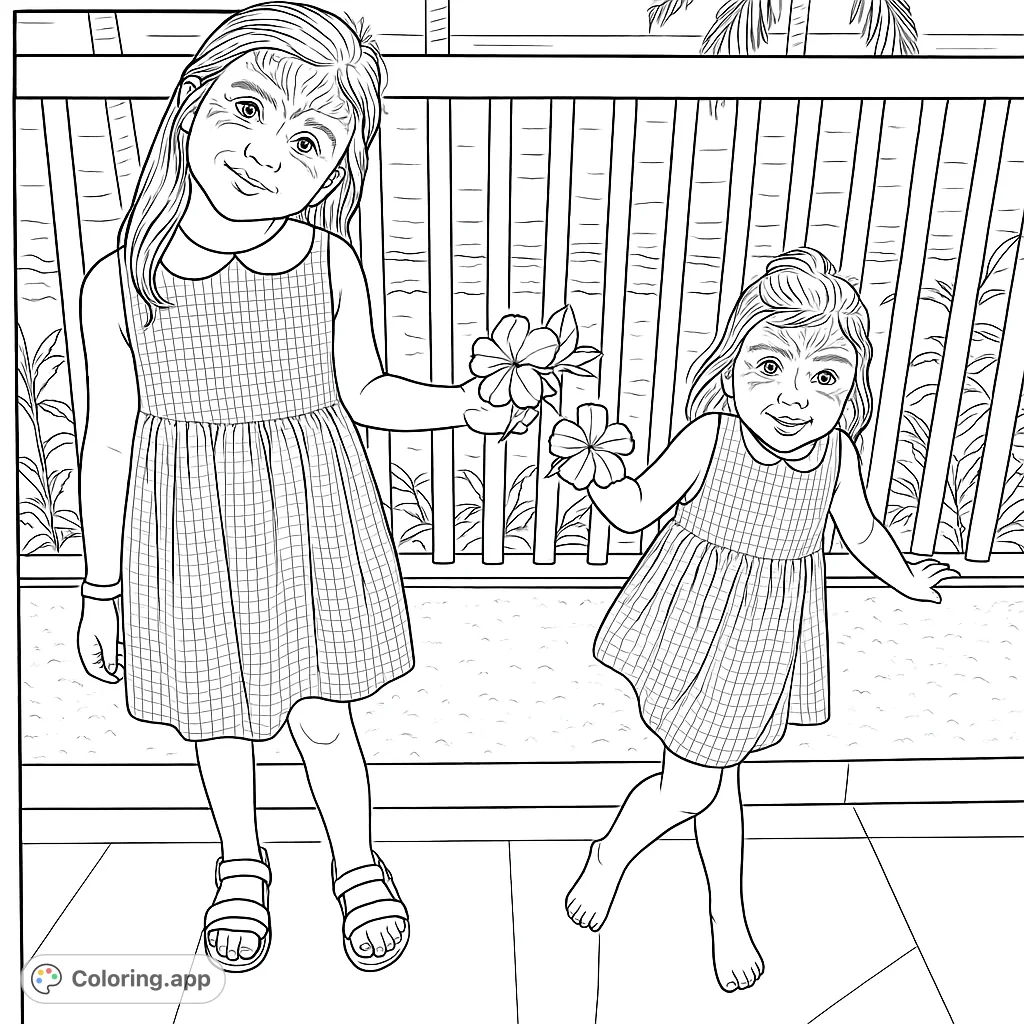 Two cheerful girls pose on a tropical balcony, holding delicate flowers, with an ocean view and palm trees in the background. A delightful kids coloring page.
