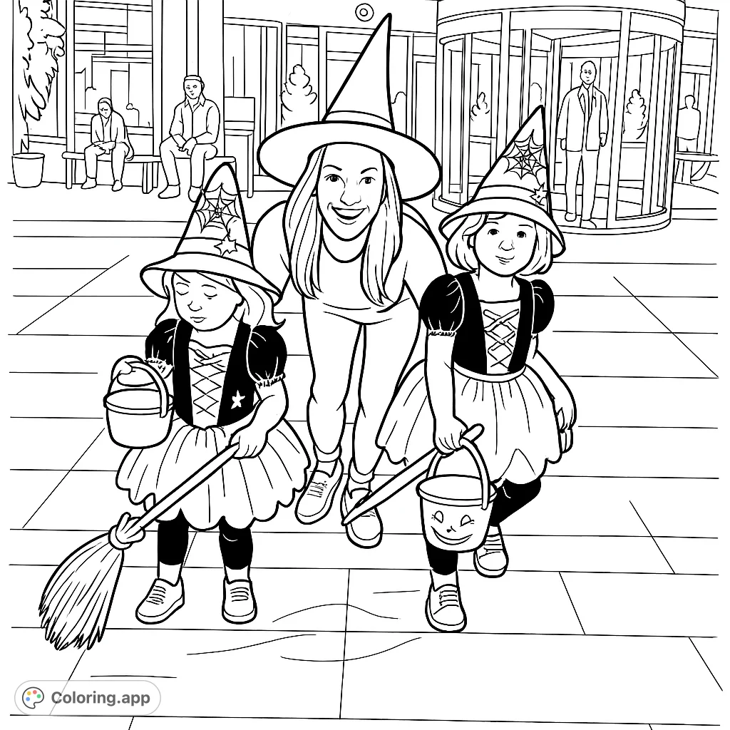 A delightful Halloween witch coloring page featuring a happy adult and two children in witch costumes with spiderweb hats, brooms, and pumpkin-shaped buckets.
