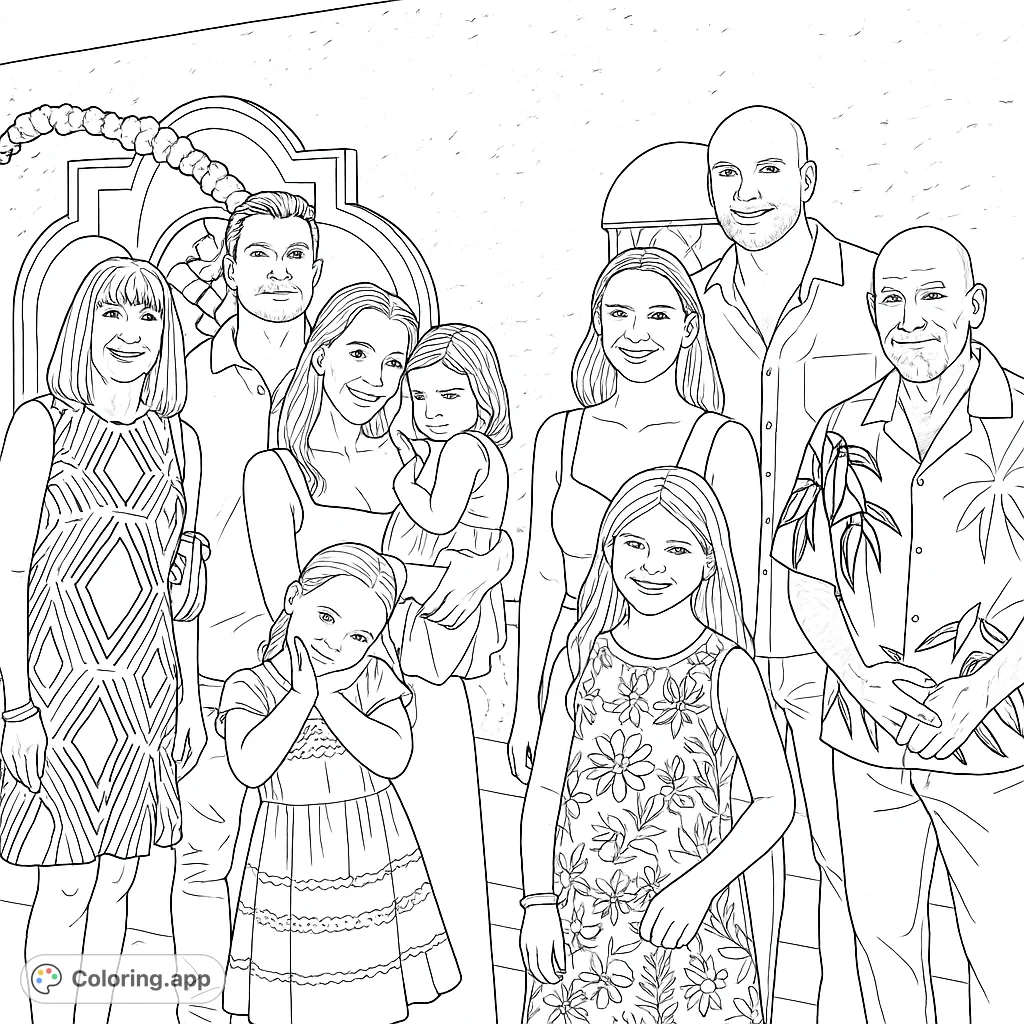 Capture a heartwarming family gathering featuring multiple generations, happy faces, and patterned attire against a festive background. Perfect for personalizing with your favorite shades.