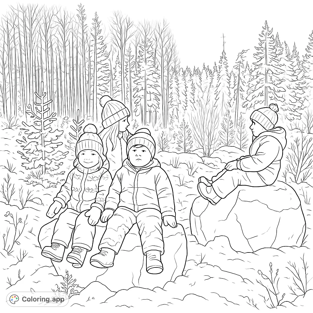 Four children bundled in winter gear enjoy a snowy forest adventure, sitting on rocks amidst a serene, snow-covered landscape. A delightful winter scene.