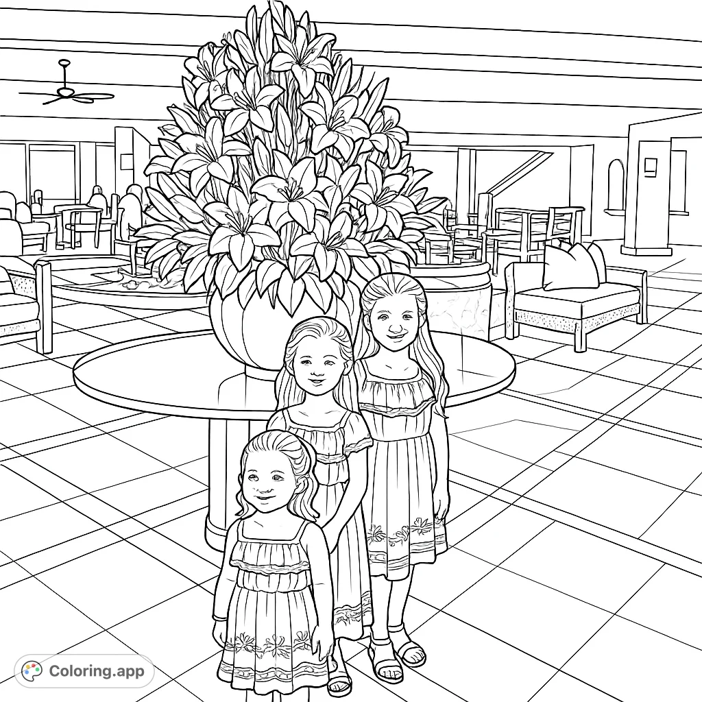 Capture the charm of three girls in patterned dresses standing before a magnificent floral display in an elegant indoor setting, perfect for coloring.