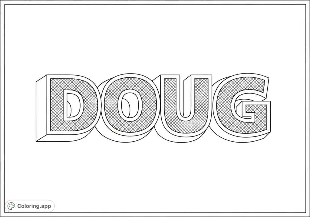 A striking coloring page featuring the name "Doug" in bold, dimensional block letters with intricate textures, perfect for personalization and creative expression.