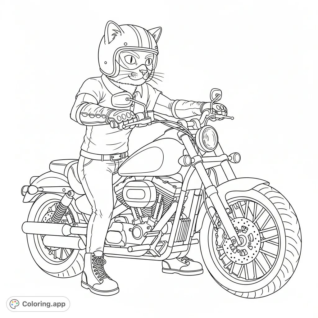 An adventurous anthropomorphic cat, geared in a biker helmet, shirt, gloves, and shoes, confidently rides a detailed cruiser motorcycle, ready for the open road.