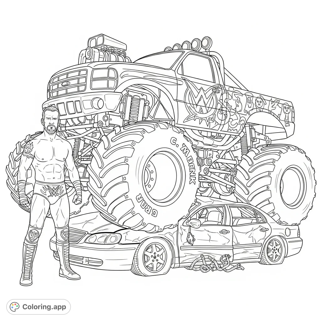 Experience the thrill of a CM Punk monster truck crushing a car in this dynamic free printable coloring page. Unleash your creativity with this action-packed scene!