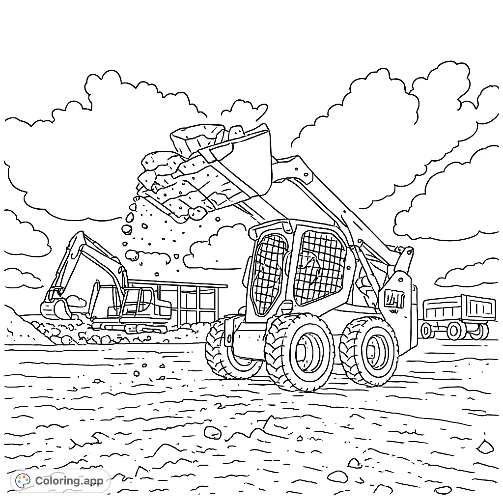 Explore a dynamic construction scene with heavy equipment. A skid steer loader unloads rocks, an excavator digs, and a dump truck waits under a cloudy sky.