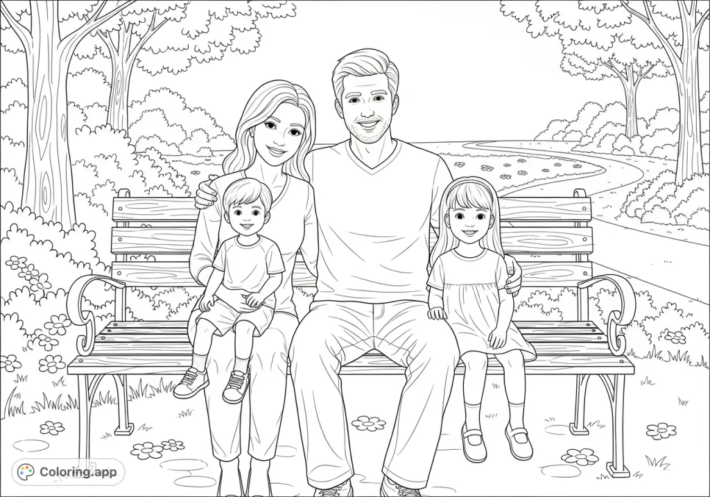 A heartwarming family scene featuring a man, woman, and their two children enjoying a peaceful moment on a park bench. Perfect for all ages.