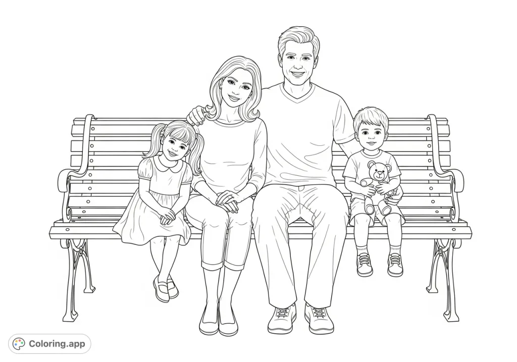 A heartwarming family coloring page featuring a man, woman, 4-year-old boy, and 6-year-old girl enjoying a peaceful moment on a park bench.