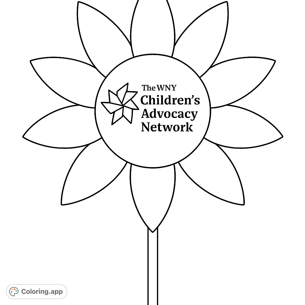 A charming eight-petal flower with a central emblem and text, perfect for all ages. Explore creativity with this delightful floral design.