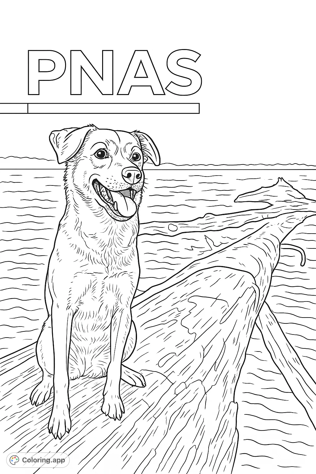 A cheerful dog sits on a log by the water, tongue out and happy. A delightful nature scene perfect for animal lovers to color and bring to life.