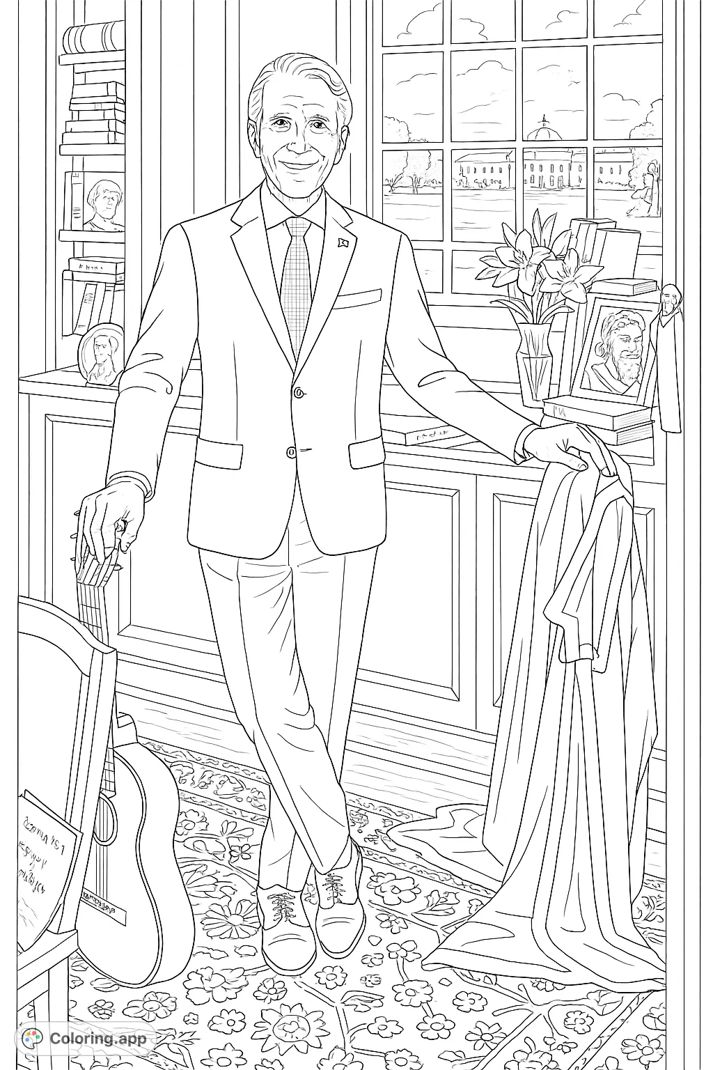 Color a distinguished scholar in his richly detailed office, featuring a classical guitar, academic robe, and a scholarly backdrop through a large window.