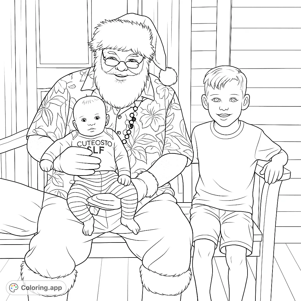 A festive scene with a jolly Santa, a baby on his lap, and an older child beside him, perfect for holiday coloring fun.
