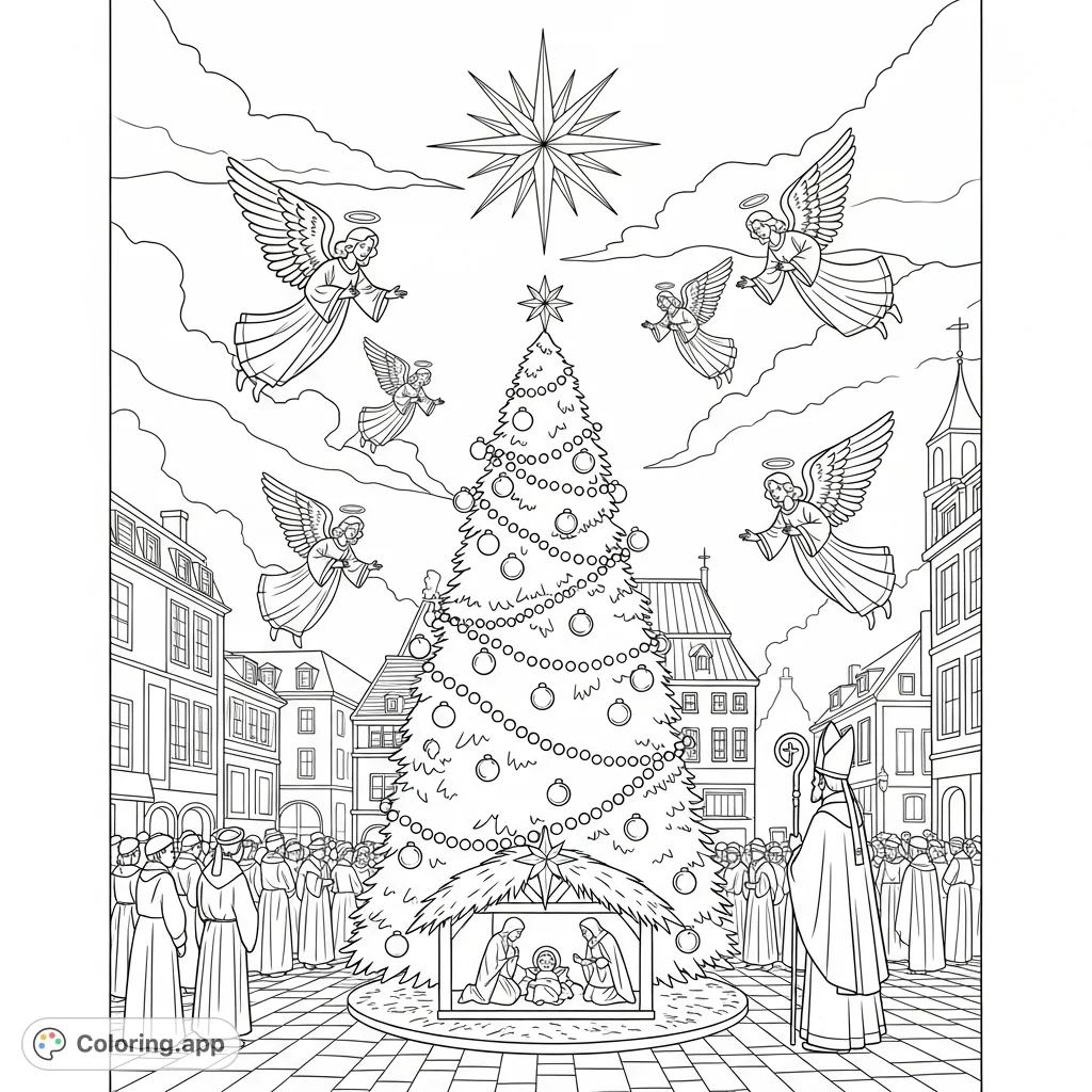 A beautiful Christmas town square coloring page featuring a grand, decorated tree, a serene manger scene, glowing star, graceful angels, and a bishop figure.