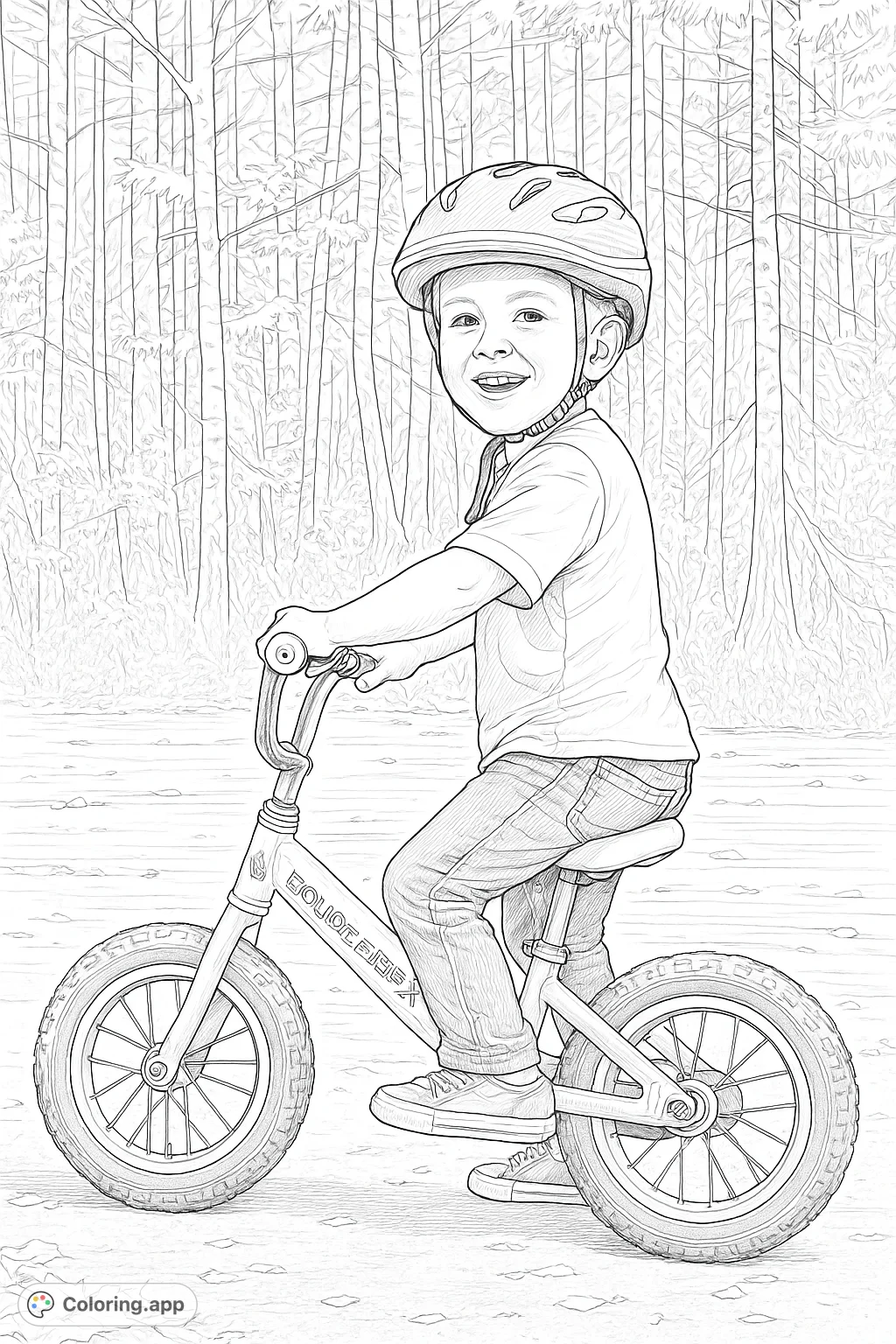 A cheerful child on a balance bike, ready for adventure. This realistic scene encourages creativity and fine motor skill development for young artists.