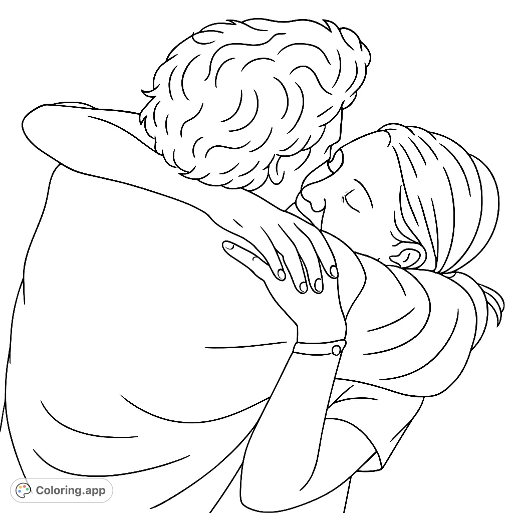 Capture the heartfelt moment of a close embrace. This tender scene of two individuals sharing a warm hug offers a serene and intimate coloring experience.