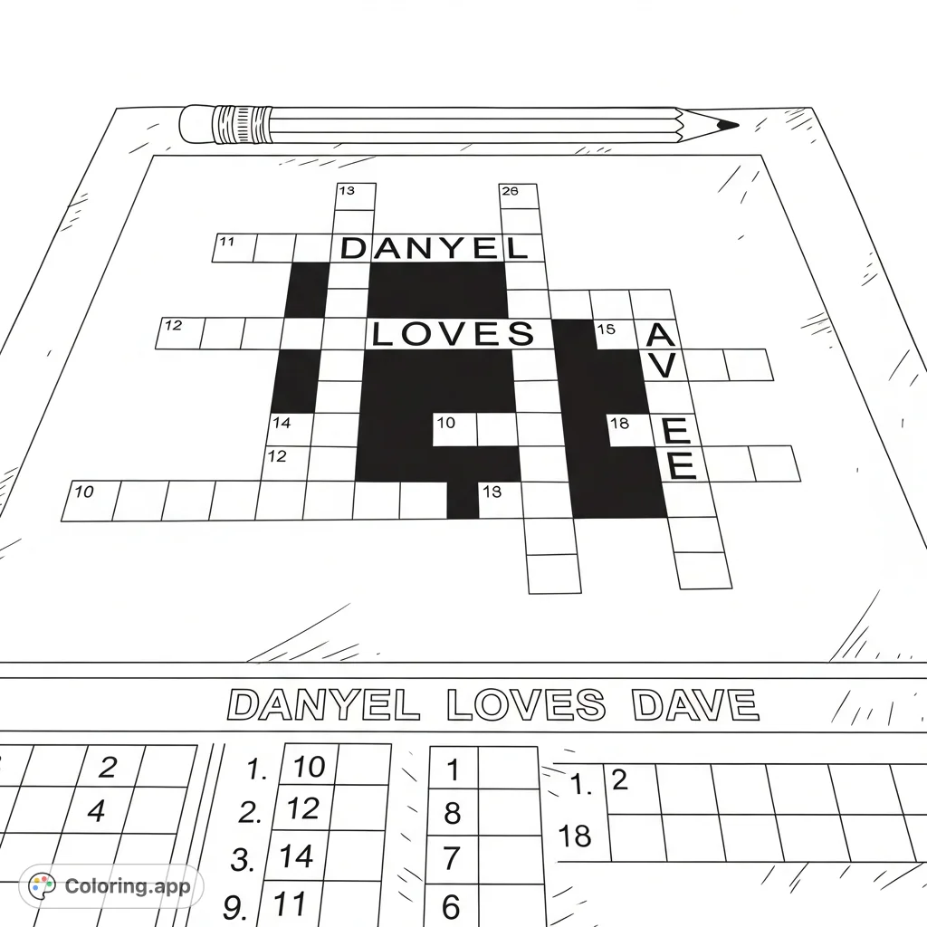 A charming crossword puzzle featuring "Danyel loves Dave" in its grid. Personalize this unique free printable coloring page for a heartfelt activity or gift.