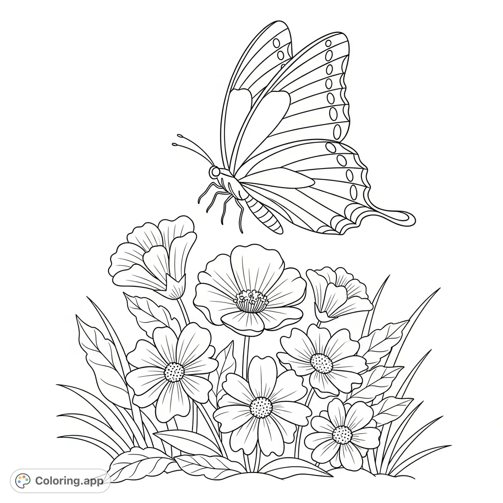 A lovely butterfly with patterned wings flutters above a vibrant cluster of garden flowers amidst leafy foliage, offering a delightful and peaceful coloring experience.