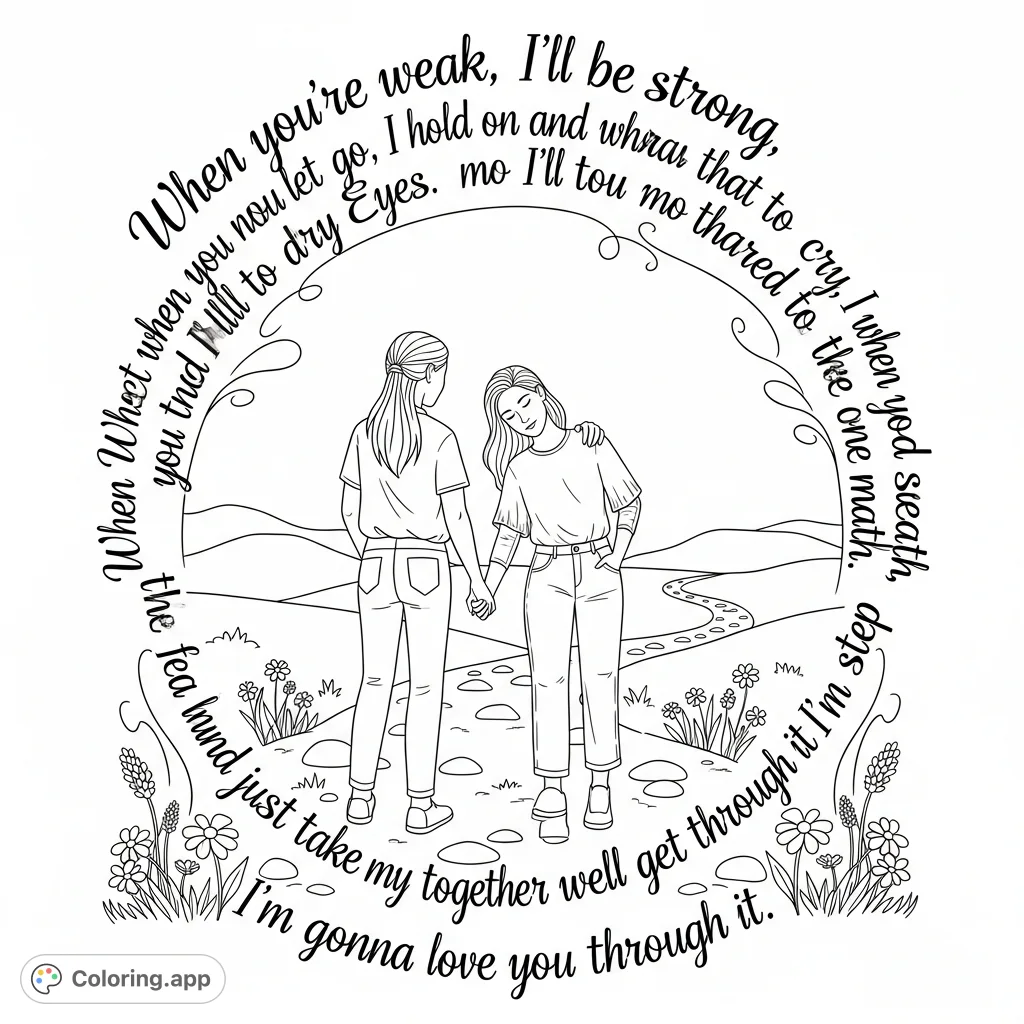 A heartfelt support coloring page depicting two figures offering unwavering comfort, with an empowering quote woven into a serene landscape. Perfect for reflection.