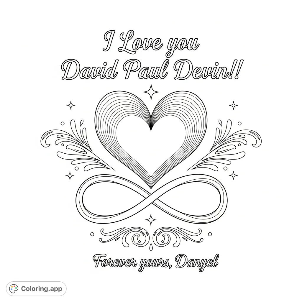 Express heartfelt affection with this personalized romantic message coloring page featuring an open heart, infinity symbol, and custom text.
