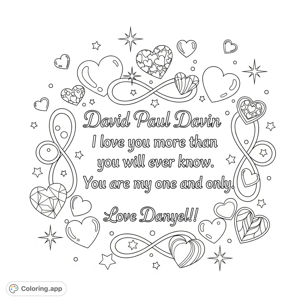 A heartfelt personalized message for David Paul Davin from Danyel, surrounded by elegant hearts, infinity symbols, and sparkling stars.