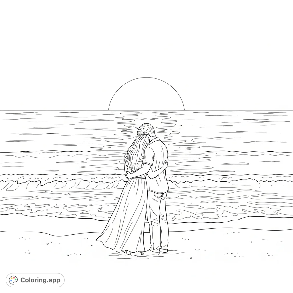 A tender love couple on a peaceful beach, silhouetted against a beautiful sunset. Perfect for a romantic, free printable coloring page experience.