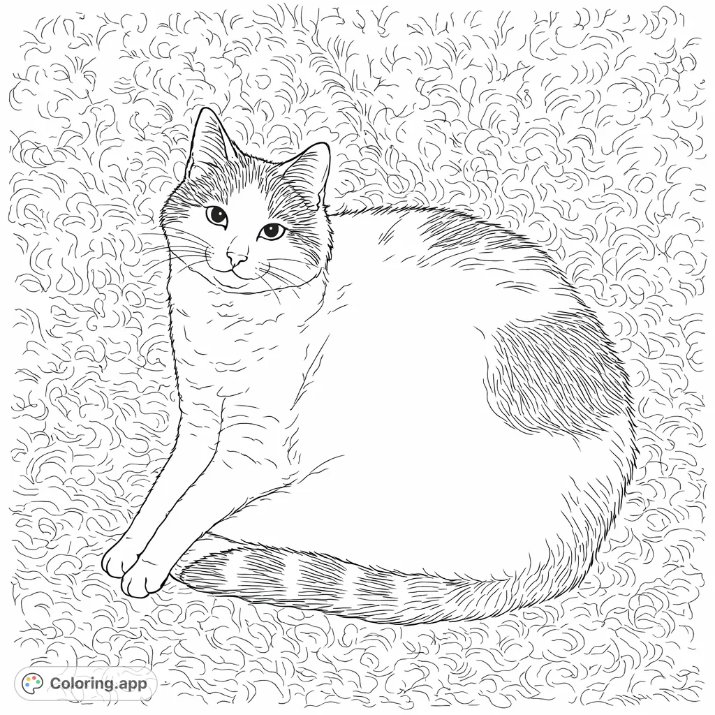 A charming cat rests on a textured surface, showcasing its distinct fur patterns. A delightful and intricate cat coloring page for animal lovers.