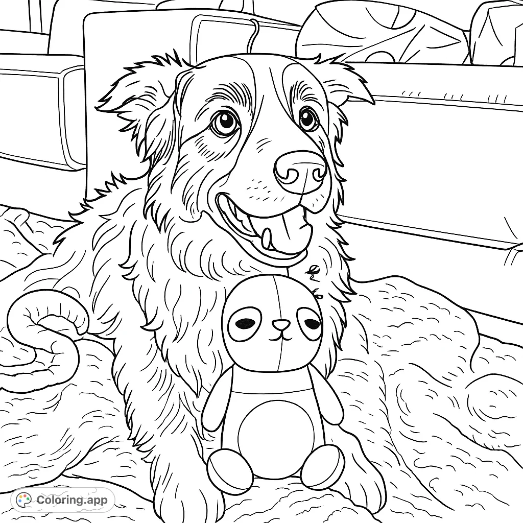 A charming coloring page featuring a fluffy dog resting comfortably with its favorite panda plush toy, ready for imaginative colors. Perfect for animal lovers!